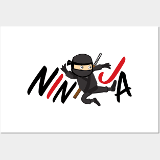 Cute Kawaii Ninja Flying Kick Funny Simple Japanese theme design Posters and Art